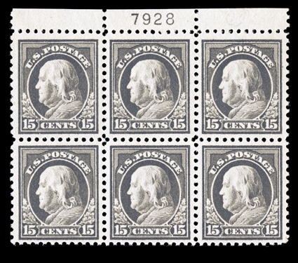 514, 15c Gray, top margin plate no. 7928 block of six, strong rich color, the top stamps are especially well centered and margined, o.g., n.h., a couple minor gum skips,
lightly erased pencil note in selvage, very fine.