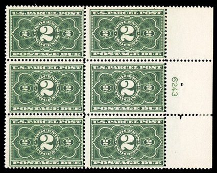 JQ2, 2c Dark green parcel postage due, scarce full right margin plate no. 6243 block of six, strong color, o.g., lightly hinged, vertical gum skip line in left stamps,
fine.