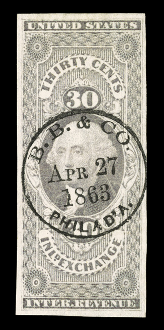 R52a, 30c Inland Exchange, imperforate, premium quality used example, four large and nicely balanced margins, strong rich color, gorgeous central strike of B.B. & Co.Apr 27,
1863Philada. circular handstamp cancel, extremely fine 2005 PF ce