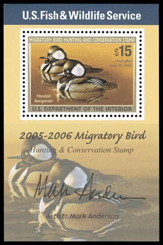 RW72b, 2005 $15.00 Multicolored souvenir sheet of one, signed by the artist, pristine mint example of this scarce modern issue, unusually well centered, o.g., n.h., extremely
fine 2005 PSE certificate (XF 90 not priced in SMQ).