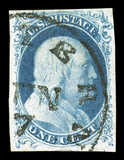 9, 1c Blue, Ty. IV, position 88L1L, showing a double transfer, large balanced margins, lovely bright color, neat c.d.s. cancel, extremely fine 1986 PF
certificate.