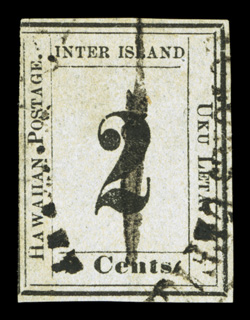 16, 12c Black on grayish, Plate 3-D, Type I, Position 3, three large margins, just in at left, strong impression, tiny scissor cut at top, cancelled by a rare Collectors Office
Hilo handstamp, fine 1999 PF certificate.