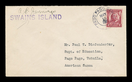Swains Islands (Tokelau) violet straight line handstamp, two 1931 covers with this rare handstamp, both to Tutuila, one signed A.E. Jennings and with 2c Pulaski tied by Pago
Pago, Samoa, May 15 1931 c.d.s., other signed Paul T. Diefenderfer an