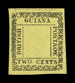S.G. 121a, 1862 2c Black on yellow, unsigned, position 21, unused, strong impression, nicely centered, very fine 1976 RPS and 2008 BPA certificates ex-Sovereign (Scott 40
$2,400.00).