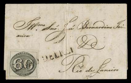 2, 1843 60r Black, early impression, single with four huge margins tied by S. JOAO DE REI straight line cancel on folded cover datelined 30 March 1844, small part of the
address with ink erosion, cover with usual wear not affecting the adhesiv