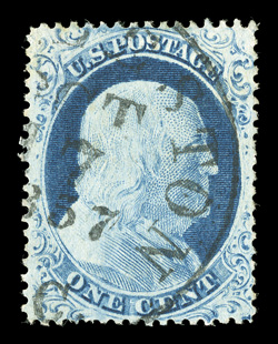 23, 1c Blue, Ty. IV, handsome used example, excellent centering within larger margins than typically found on this tightly-spaced stamp, fresh color on bright paper, neat 1857
town cancel, extremely fine 2001 PSE certificate.