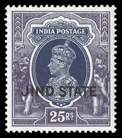 145-50, 1938 1R-25R King George VI, with Jind State overprint, well centered, deep vibrant colors on bright fresh paper, o.g., lightly hinged, very fine (S.G. 121-26
£803).