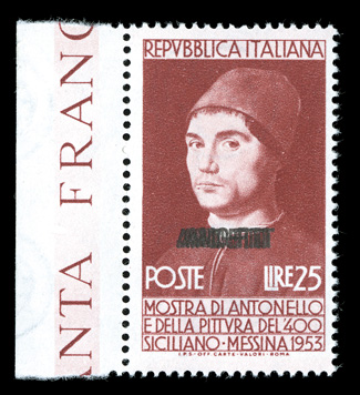 Sassone 164a, 1953 25l Messina Exhibition, triple overprint, left sheet-margin single with imprint in margin, deep color, o.g., n.h., light pencil position number on gum, very
fine only 50 printed.