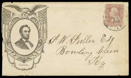 Lincoln illustrated patriotic or campaign covers, seven different designs, including a full portrait, Lincoln in oval (with and without signature), Lincoln & Hamlin design, ABM
Lincoln with portrait and a railsplitter design, and a portrait in