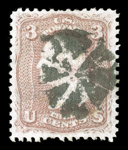 85, 3c Rose, D grill, used, uncharacteristically well centered and margined, bright fresh color, segmented cork cancel, very fine 2000 PF certificate ex-Mann.