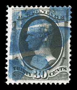 143, 30c Black with grill, used, fresh color and a crisp impression, fairly well centered, blue cancel, very fine for this scarce stamp 1981 and 2001 PF
certificates.