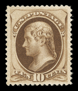 187, 10c Brown, without secret mark, a wonderfully choice unused example of this scarce stamp, exceedingly well centered within extravagantly large margins, rich bright color
and an excellent clarity of impression, extremely fine 1991 PF certif