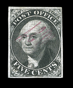 9X1a, New York, N.Y. 5c Black Postmaster Provisional, signed ACM, AC connected, position 23, an exciting mint example, being remarkably fresh and crisp, with prooflike color and
impression, surrounded by four uncommonly large margins, its revers
