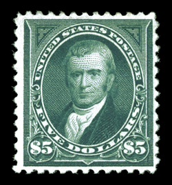 263, $5.00 Dark green, strong rich color and a well incised impression, nicely centered for this difficult high value, o.g., lightly hinged, very fine 1999 PF
certificate.