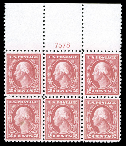 425, 2c Rose red, Ty. I, full top margin plate no. 7578 block of six, exceptionally well centered, strong powdery shade, o.g., n.h., extremely fine.