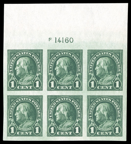 575, 1c Green imperforate, striking full top margin plate no. 14160 block of six, featuring lavishly wide and even margins, deep luxuriant color and crisp white paper, pristine
o.g., n.h., an extremely fine gem.