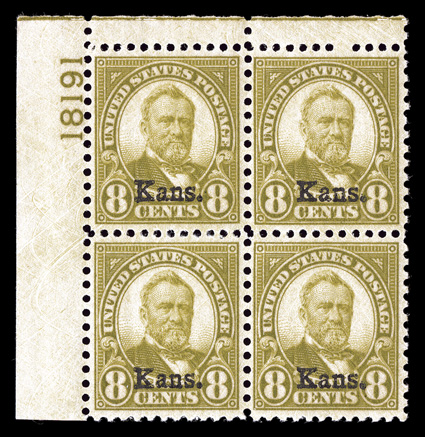 666, 8c Kans. ovpt., select top left corner margin plate no. 18191 block of four, sumptuously rich color on fresh paper, particularly well centered for this key value, strong
and intact, pristine o.g., n.h., choice very fine.