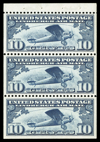 C10a, 10c Lindbergh booklet pane of three, the perfect mint example, precisely centered and large even margins, pristine o.g., n.h., an extremely fine gem as nice as they
come.