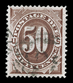 J21, 50c Red brown, exceptionally well centered and margined, deeply rich color, light cancel, choice very fine 1988 PF certificate.