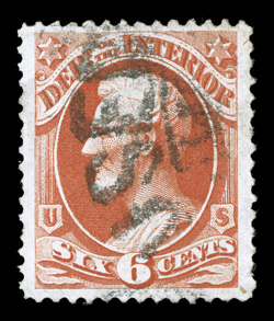 O18, 6c Interior, cancelled by nearly complete strike of unusual UsedUp postmark of Traverse City, Michigan, deep rich color, well centered and margined, small faults to stamp
including a horizontal crease, very fine cancel.
