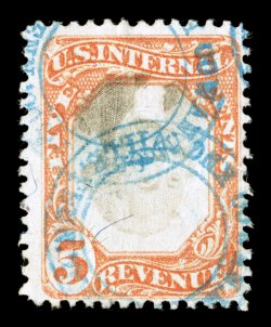 R137a, 5c Orange and black, Center Inverted, lovely bright color, about as well centered as this error gets, neat blue handstamp cancels, couple light creases, otherwise fine
our records show just twenty single copies of this invert, plus t