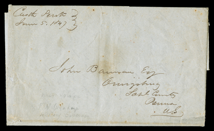 Castle Perote, June 5, 1847, manuscript endorsement on folded letter with integral address leaf to Pennsylvania, very fine.The letter from Captain F. M. Wynkoop talks in detail
about guerilla incursions in his area and: >I...We have news from th