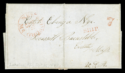 [Whalers letter, 1847] writing home to his parents at Cohassett, Mass. Datelined Ship Janus Lahaina and given to the whaling ship A. Howland a few days after it was written and
carried back to the United States, entered the mails with re