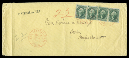 [Quadruple rate cover to Boston, 1859] with local Hawaiian postage and ships fee paid in cash. Yellow cover franked by pair and two singles U.S. 10c Green, Ty. II (32) tied by
twice struck red HonoluluU.S. Postage PaidOct. 1 datestamp, re