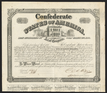 Act of March 23, 1863. $500. Cr. 129, B-262. No. 1965.  As previous, except for denomination and Engd. by Geo. Dunn & Co., Richmond, Va. Signed by Rose. 7 coupons below.
Stamped 6495 on verso. Scattered foxing, edge wear, folds, stain