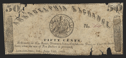 AR. Arkadelphia. Arkadelphia Exchange. 50¢. Jun 12, 1862. (Rothert-11 Unlisted). A reversed Seated Liberty Half Dollar, center oval lathework end panels, left and right. VG,
holes, splits, pieces missing.