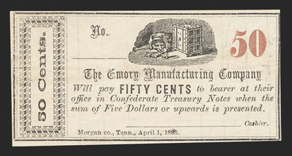 TN. Morgan County. 50 Cents. April 1, 1863. Remainder. Decorative end panel at left. Dog and Safe at top center. Red 50 overprint at right. This EF rarity is printed on lined
paper. From The Joe C. Copeland Collection