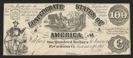 T-13. $100. 1861. Cr. 56, PF-4. No. 1111. Plate AG. State II. Sailor at left with anchor, ship, left Slaves loading cotton in wagon, top center. State II - No double lines and
with flourishes under America. FVF, with five pinholes and