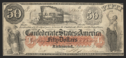 T-15. $50. 1861. Cr. 79, PF-1. No. 13113. Plate A. Hudson River Railway scene, center. Hope with anchor, left. Justice, right. Outside of the Montgomery issue, this is perhaps
one of the most popular issues due to the central vignette and orang