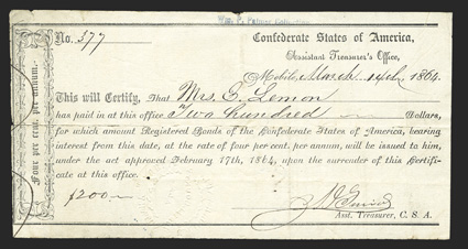 AL. Mobile. $200. March 14, 1864. AL-90A. Mobile Type 3. NO. 377. IDR Plate Form, page 104. Endorsement on back. VG, tear from left. From The Holger Dreher
Collection