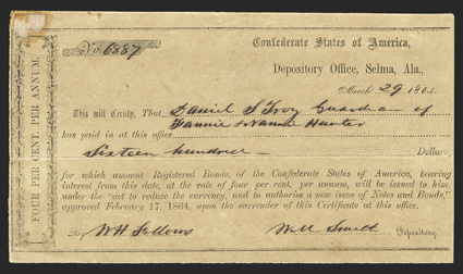 AL. Selma. $1600. March 29, 1864. AL-158. Selma Type 2. No. 6887. VF, upper left glue residue. From The Holger Dreher Collection