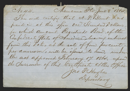 FL. Marianna. $100. June 8, 1864. FL-16. Handwritten. No. 44. Only handwritten IDRs are known from Marianna, written on two types of paper - the current example is on a
grayish-white paper with blue lines, and the other is thick blue paper