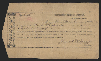 FL. Quincy. $300. March 25, 1864. FL-19. Local Typeset. No. 345. Printed on brown paper and signed by Isaac Hains as Depositary. Four assignment statements on back. Fine, cut
cancelled with faded red numbers at upper left. From The Jo