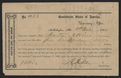 FL. Tallahassee. $500. March 18, 1864. FL-40. No. 1623. Printed on golden paper. Fine, splits at center fold at top and bottom. Lower left corner tip off outside of frame line.
Two pinholes. Two transfers notated on back. From The Joe