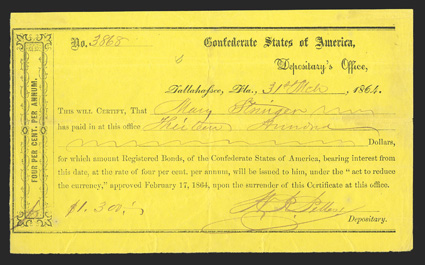 FL. Tallahasee. $1,300. March 31, 1864. FL-42.  No. 3868. This type is printed on canary yellow paper. FVF with no problems to report.