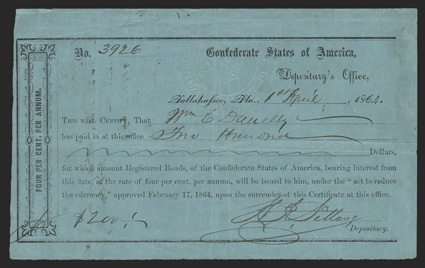 FL. Tallahassee. $200. April 1, 1864. FL-46. No. 3926. As previous, but printed on blue paper. Transfer statement on back with fully visible Notary stamp embossing at top. Fine
with a single pinhole noticed. From The Joe C. Copeland C