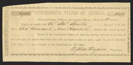 MS. Summit. $6,900. March 31, 1864. MS-69. Local Typeset, No. 3634 IDR Plate Form, page 228. Printed on golden paper with a regular rather than script lettering. VFEF with
stamp hinges on back covering some small edge tears.