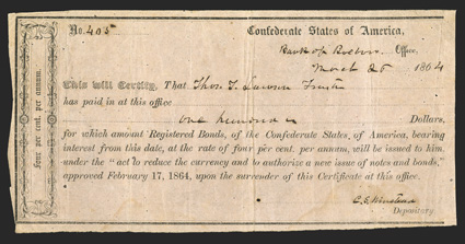 NC. Roxboro. $100. March 25, 1864. NC-131. Richmond Type II. No. 403. Plate IDR Form, page 272. Fine, pinholes and stain at lower right.