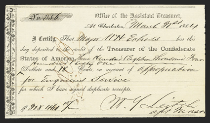 SC. Charleston. $318,461.18. March 31, 1864. SC-31. Charleston Local Type 3. No. 356. IDR Plate Form, page 307. Only 400 were issued on this white paper type. VF. From The
Holger Dreher Collection