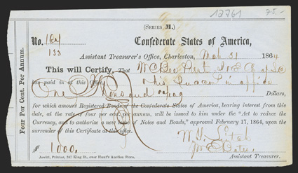 SC. Charleston. $1000. March 31, 1864. SC-37. Charleston Typeset Form 1. No. 164. Issued to William C. Bee of Blockade Running fame in Charleston. VF. From The Holger Dreher
Collection