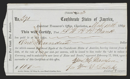 SC. Charleston. $100. March 18, 1864. SC-37B.  No. 371. The original serial letter Q has been struck and the letter F has been written in. This VFEF example is a mate to the
IDR Plate note. From The Holger Dreher Collection