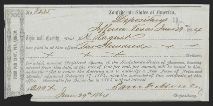 TX. Jefferson. $200. June 29, 1864. TX-56. Houston Type 5.l No. 8235. Printed on blue paper. FVF with small tears around edges and tape on back.  Missing paper at lower
left.