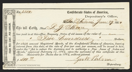 TX. San Antonio. $500. June 29, 1864. TX-82. Houston Type 2. No. 4804. Very Fine. Small piece out lower left small tear top center. From The Holger Dreher
Collection