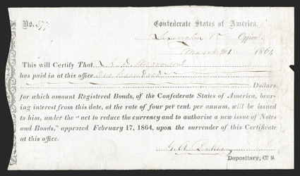 VA. Lexington. $100. March 21, 1864. VA-64. Local Typeset. No. 377. On white laid post paper with crown, shield and posthorn watermarks (Kent Mills, Improved 1852). Assignment
endorsement on back. VF, with small tear at right ed