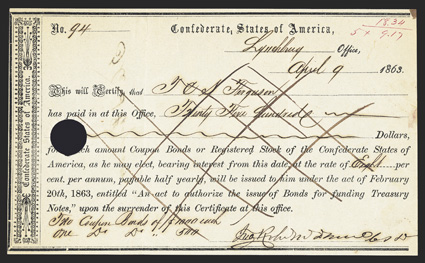 VA. Lynchburg. $2500. April 9, 1863. VA-69. Richmond Type 1. No. 94. IDR Plate Form, page 409. Ink cancelled front. VF, tear from hole cancel, pinholes. From The Holger Dreher
Collection