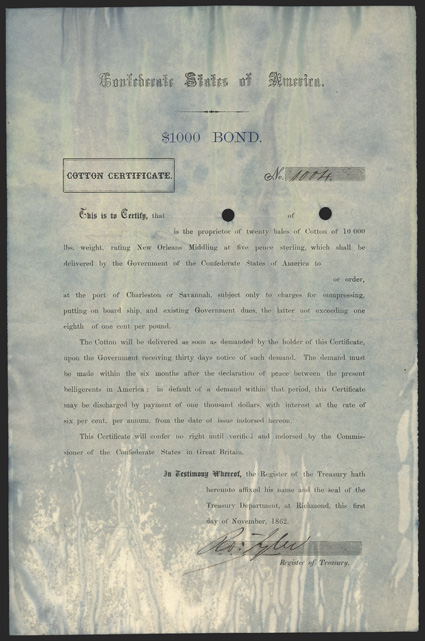 Act of April 21, 1862. $1000 Bond - Cotton Certificate. Cr. 115. Criswell Plate Bond. B-152. No. 1004. Printed form on white paper. Payable at Charleston or Savannah. Signed by
Tyler. Overall staining from exposure to flood waters intropi